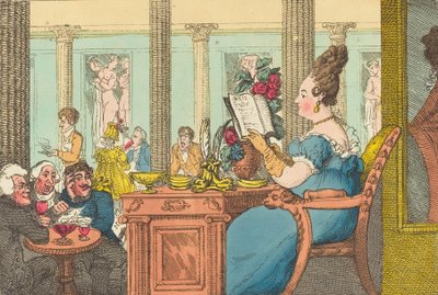 1814年、パリのパレ・ロワイヤルにあるカフェ・デ・ミル・コロンヌでの「ラ・ベル・リモナウディール」。 作： Thomas Rowlandson