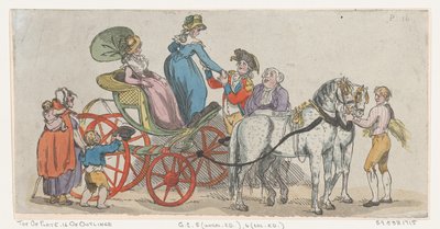 1790 年 6 月 1 日、プレート 16 から馬車から降りる婦人、人物の輪郭、風景など。 作： Thomas Rowlandson