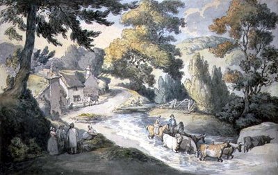 渓流を利用する牛のいる風景 作： Thomas Rowlandson