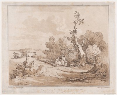 1789年5月21日、1789年5月21日、gnarled木の下に木材を集めている人物がある風景。 作： Thomas Rowlandson