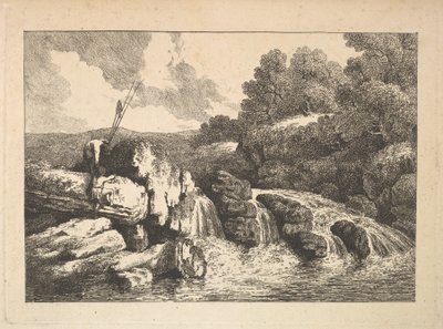 滝の横に岩を登る2人の漁師のいる風景、1784-88。 作： Thomas Rowlandson