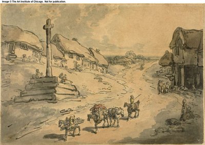 ウェイサイド クロスとコテージのある風景 作： Thomas Rowlandson