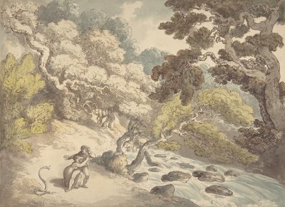 急流と蛇に怯えた岸辺の夫婦のいる風景、1775-1827年。 作： Thomas Rowlandson