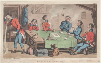 ジョニー・ニューカムの軍事冒険、1815.、1815年から、グロッグを吸って飲むことを学ぶ. 作： Thomas Rowlandson