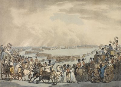 1798年7月5日、ウィンブルドンコモンのヘリー大佐の指揮によるロンドンとウェストミンスターの軽馬ボランティア、陛下のレビュー（色付きのアクアチント） 作： Thomas Rowlandson