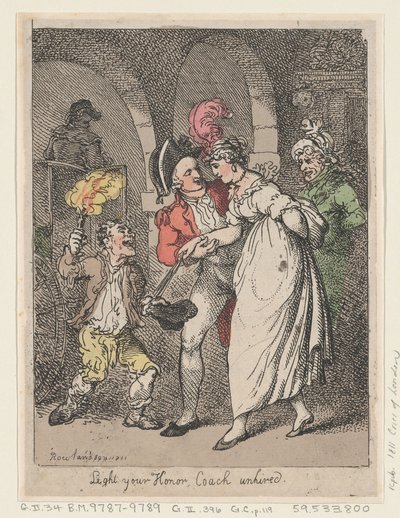 Light Your Honor、未雇のコーチ、1811年、1811年。 作： Thomas Rowlandson