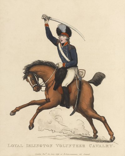 ロイヤルイズリントンボランティア騎兵隊、1799年頃（アクアチント色） 作： Thomas Rowlandson