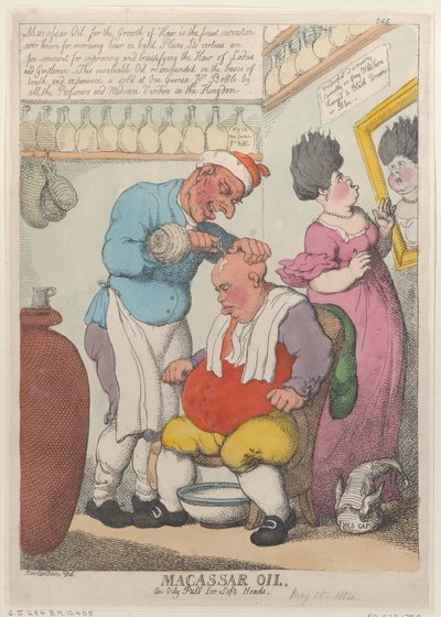 マカッサル オイル、柔らかい頭のためのオイリー パフ、1814 年 3 月 15 日、1814 年 3 月 15 日。 作： Thomas Rowlandson