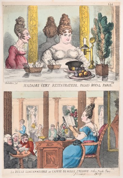 マダム・ベリー・レストラン、パレ・ロワイヤル・パリ、カフェ・ド・ミルのラ・ベル・リミノディエール...、1814年。 作： Thomas Rowlandson