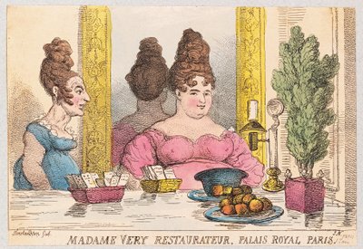 非常にマダム、レストラン経営者、パレロワイヤル、パリ、パブ。 1814（手塗りの彫刻） 作： Thomas Rowlandson