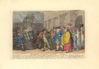 雨の中、人ごみの中で馬車を探す男性と女性。 作： Thomas Rowlandson