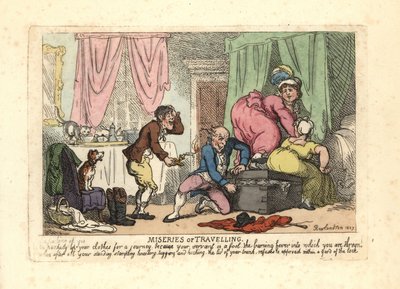 満員のトランクを閉めるのに失敗した男性と2人の女性。 作： Thomas Rowlandson