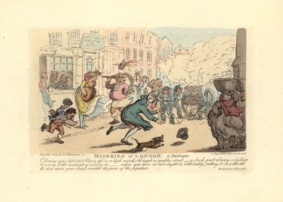 強風の中、ぬかるんだ道で帽子を追いかける男。 作： Thomas Rowlandson