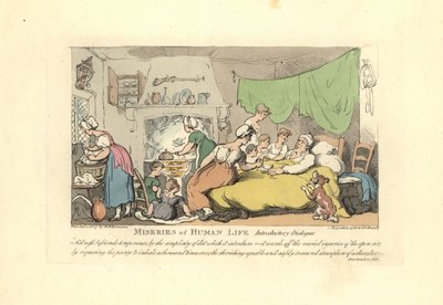 病床の男性が、溺愛する妻や子供たち、そして女性に囲まれている様子。 作： Thomas Rowlandson