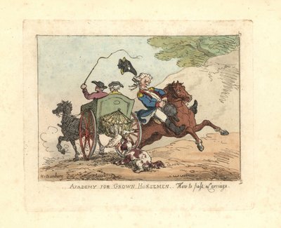 馬車を追い越す際にマウントをコントロールできなくなった男性。 作： Thomas Rowlandson