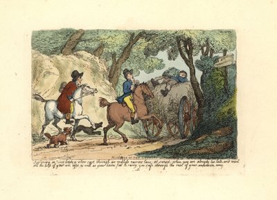 狭い車線をゆっくり走るカートの後ろに馬に乗った男性がいる。 作： Thomas Rowlandson