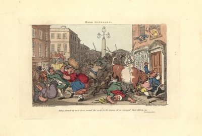 怒り狂った牛の角でドアに挟まれた男。 作： Thomas Rowlandson