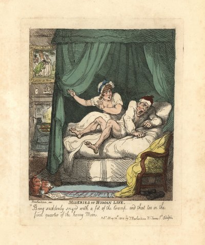 ハネムーンベッドで足がつってしまった男性。 作： Thomas Rowlandson