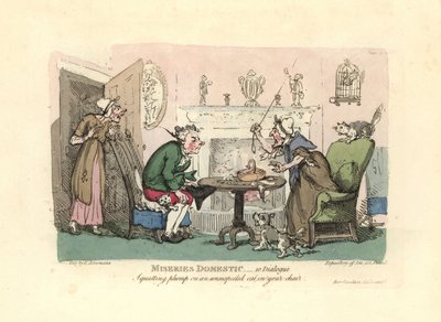 驚いた猫を椅子に座らせている男性。 作： Thomas Rowlandson