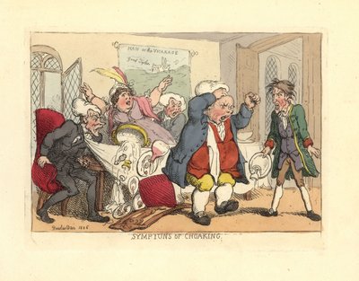 食卓で首を絞めながら立ち上がる男。 作： Thomas Rowlandson