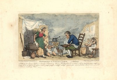 喫煙室の火の前でふいごを使う男。 作： Thomas Rowlandson