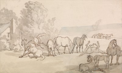 野原にいる牝馬と子馬 作： Thomas Rowlandson