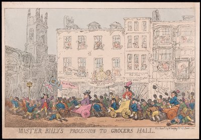 マスタービリー行列から食料品店、パブ。 1784年（手描きの彫刻） 作： Thomas Rowlandson