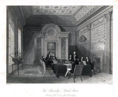 アドミラルティのボードルームで行われたアドミラルティの領主たちの会合。London Interiors, Their Costumes and Ceremonies, Joshua Mead, LondonよりThomas Rowlandsonの挿絵をもとにHenry Melvilleが描いたスティールエングレーヴィング。 作： Thomas Rowlandson