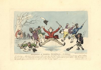 男性がアイススケートで転倒したり、別の人が氷を突き破って転倒したりなど。 作： Thomas Rowlandson