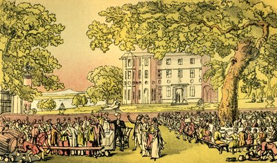 ミス・ウォルティーの結婚-椅子に座るシンタックス博士」。 作： Thomas Rowlandson