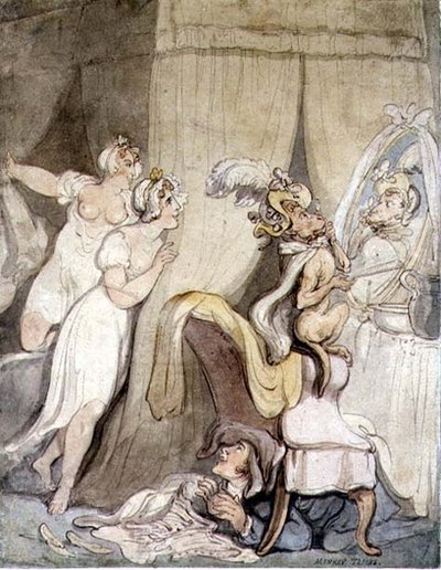 モンキー・トリック」1800年頃（紙にペンとインクと水彩画） 作： Thomas Rowlandson