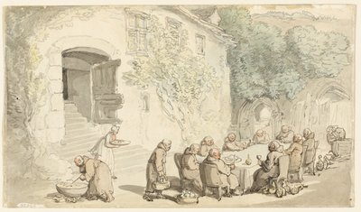 外で食事をする僧侶たち（レクト）；村の通り（裏面） 作： Thomas Rowlandson
