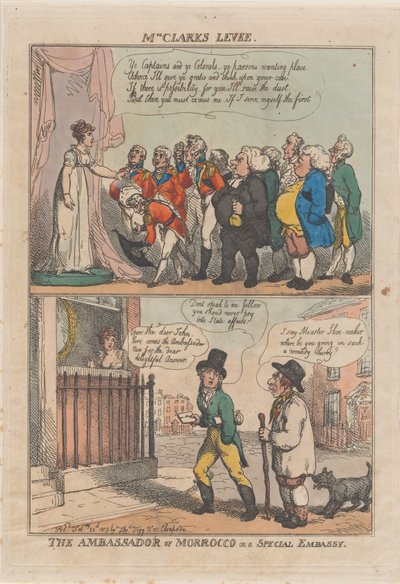 クラーク夫人の堤防。 特別大使館でのモロッコ大使、1809 年 2 月 20 日。 作： Thomas Rowlandson