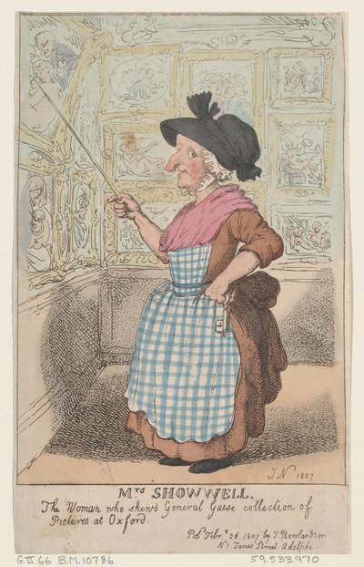 ショーウェル夫人、1807 年 2 月 26 日、O... でギーズ将軍の画集を見せる女性。 作： Thomas Rowlandson