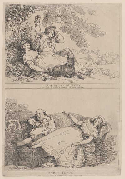 田舎で昼寝、町で昼寝、1785.、1785. 作： Thomas Rowlandson