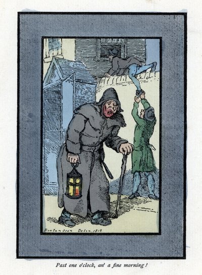 ランタンと杖を持った夜警が、後ろの家に入ってきた二人の強盗に気づかない様子（1819年）。トーマス・ローランドソン（1756-1827）の絵をもとにした木版画で、『The Cris of London: with six charming children and nearly 40 illus』に掲載されています。 作： Thomas Rowlandson