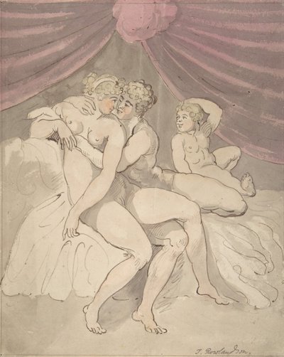 抱きしめる裸のカップル、1780～1827年。 作： Thomas Rowlandson
