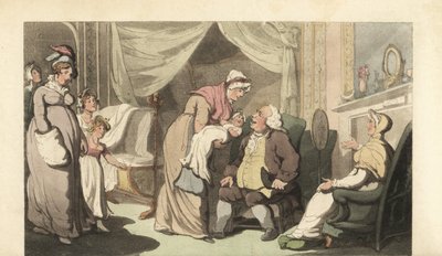 老人と女性に赤ちゃんを見せる看護師 作： Thomas Rowlandson