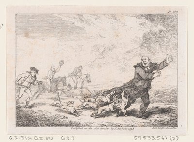 危険な狩猟の冒険に従事するパーソン・アダムス、「ジョセフ・アンドレの冒険...」、1792年。 作： Thomas Rowlandson