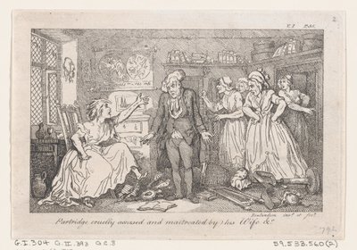 パートリッジは彼の妻によって残酷に告発され、虐待されました. The History of Tom Jones, a Fo..., 1792. 作： Thomas Rowlandson