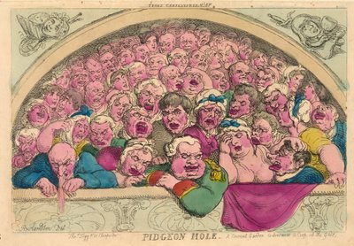 Pidgeon Hole、1811年に神々を捕まえるための修道院の庭の工夫（手塗りの彫刻） 作： Thomas Rowlandson