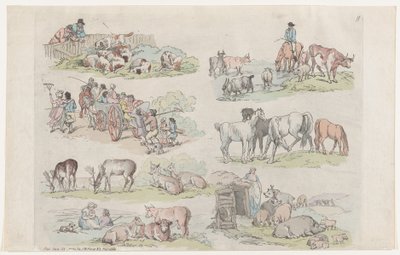 1791 年 1 月 31 日、プレート 11、図、風景、および牛の輪郭...学習者の使用のために... 作： Thomas Rowlandson