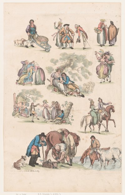 プレート 14、図形、風景、牛の輪郭...学習者用、ジュ...、1790 年 6 月 1 日。 作： Thomas Rowlandson