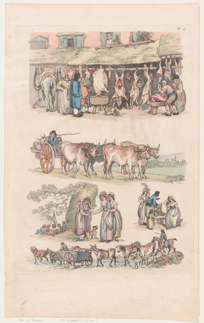 プレート 15、図形、風景、牛の輪郭...学習者用、ジュ...、1790 年 6 月 1 日。 作： Thomas Rowlandson