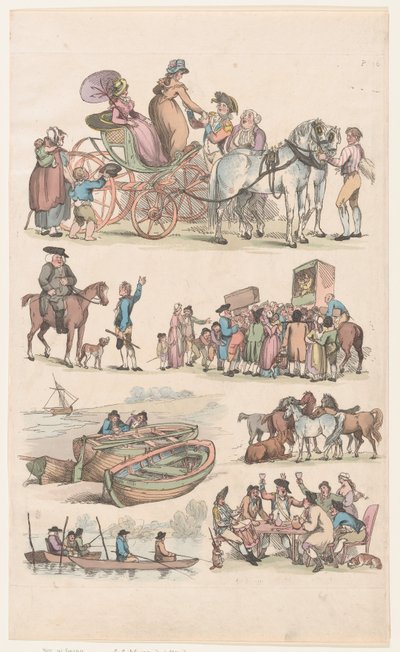 プレート 16、図形、風景、牛の輪郭...学習者が使用するため、ジュ...、1790 年 6 月 1 日。 作： Thomas Rowlandson
