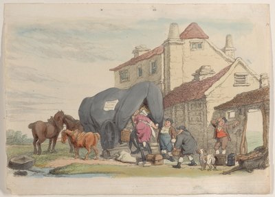 プレート 26: 空飛ぶ荷馬車、World in Miniature より、1816 年、1816 年。 作： Thomas Rowlandson