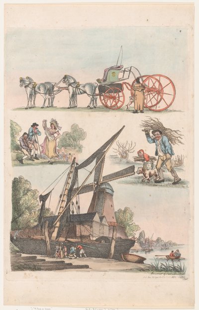 1791 年 1 月 20 日、プレート 9、図、風景、および牛の輪郭...学習者用。 作： Thomas Rowlandson