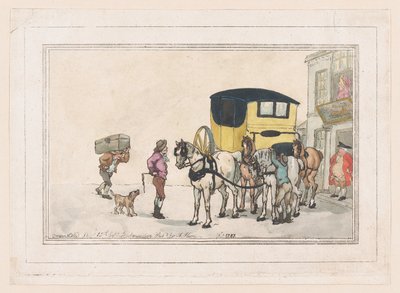 1787 年 12 月 15 日、ホワイト ハート インでのポスト ボーイズとポスト ホース。 作： Thomas Rowlandson
