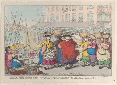 1810 年 9 月 18 日、セント ジャイルズからビリングスゲートまでのタラ会社の行列。 作： Thomas Rowlandson