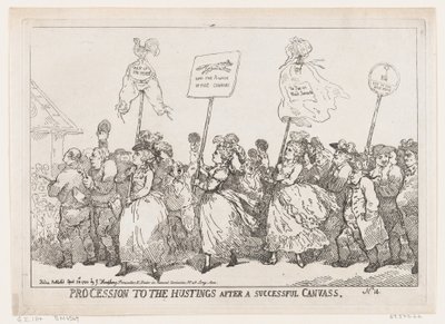 キャンバスが成功した後のハスティングスへの行列、1784 年 4 月 30 日、1784 年 4 月 30 日。 作： Thomas Rowlandson
